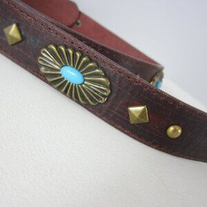 Vtg Unbranded Leather Belt Womens S Brown Southwestern Leather Blue Brass Accent